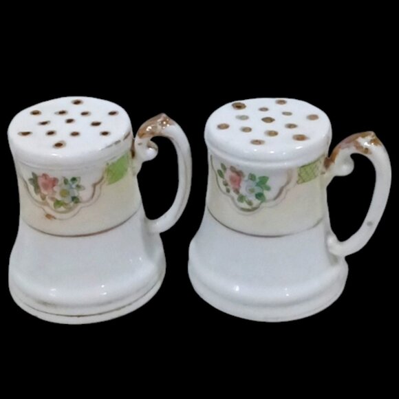 Vintage Nippon Ceramic Salt & Pepper Shakers Hand Painted Floral Decor w/Handles - Picture 1 of 5